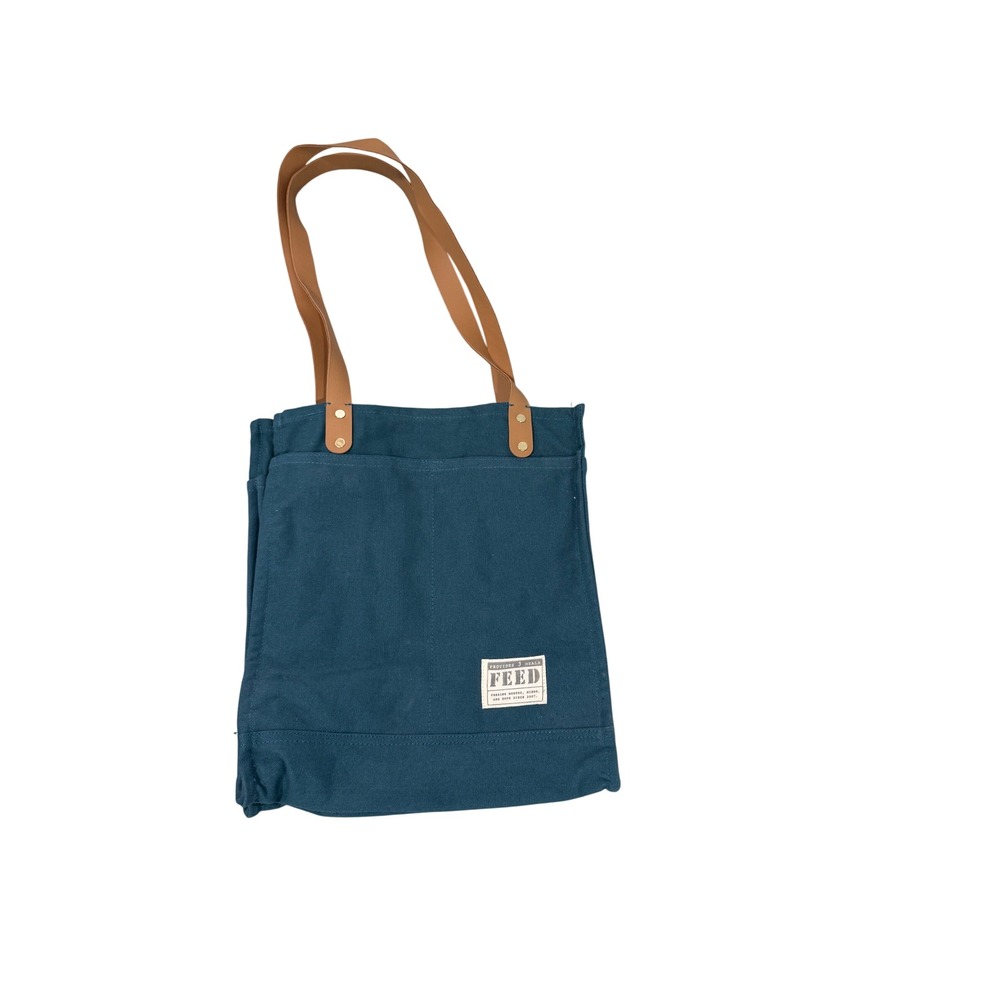 FEED Projects Canvas Market Tote Bag Teal Blue Tan Straps Pockets